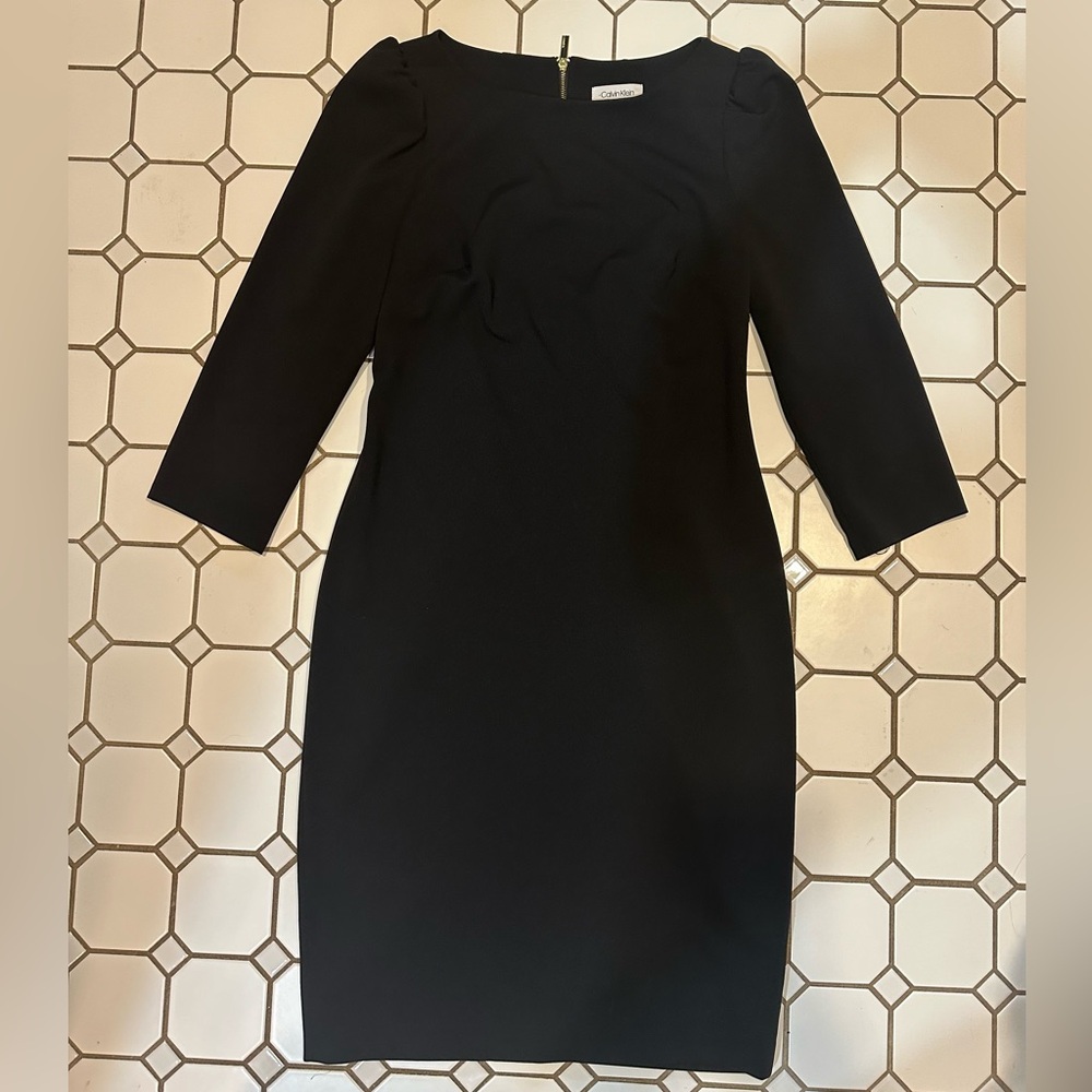 Calvin Klein dress, 8, black 3/4 sleeve, round neck, gold zipper back